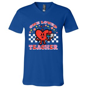 Valentines Day One Loved Teacher Retro Groovy Heart V-Neck T-Shirt