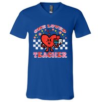 Valentines Day One Loved Teacher Retro Groovy Heart V-Neck T-Shirt