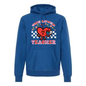 Valentines Day One Loved Teacher Retro Groovy Heart Premium Hoodie