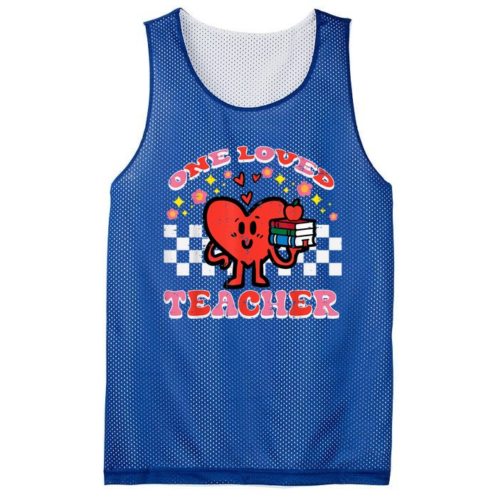 Valentines Day One Loved Teacher Retro Groovy Heart Mesh Reversible Basketball Jersey Tank