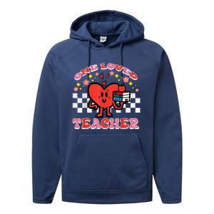 Valentines Day One Loved Teacher Retro Groovy Heart Performance Fleece Hoodie