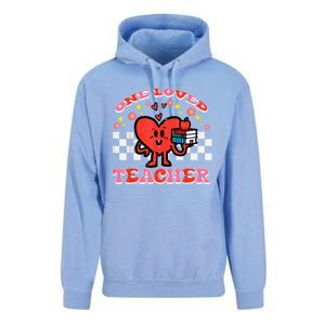 Valentines Day One Loved Teacher Retro Groovy Heart Unisex Surf Hoodie