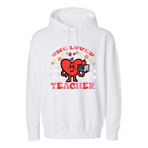 Valentines Day One Loved Teacher Retro Groovy Heart Garment-Dyed Fleece Hoodie