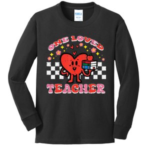 Valentines Day One Loved Teacher Groovy Heart Kids Long Sleeve Shirt