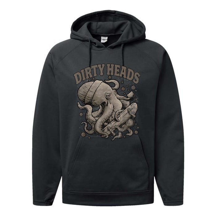 Vintage Dirty Octopus Heads With Skateboard Music Lover Performance Fleece Hoodie