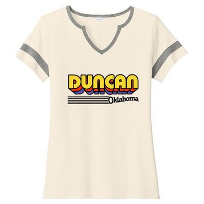 Vintage Duncan Oklahoma Retro Stripes Ladies Halftime Notch Neck Tee