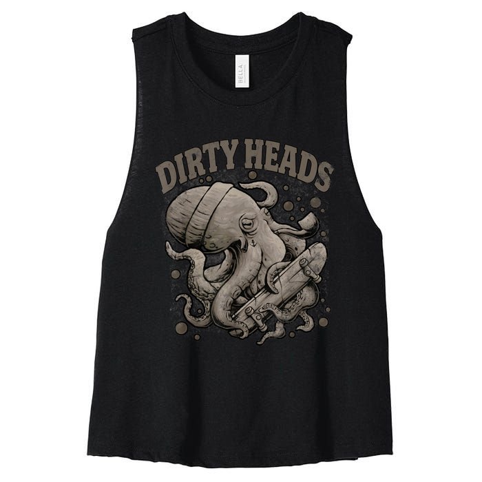 Vintage Dirty Octopus Heads With Skateboard Music Lover Women's Racerback Cropped Tank