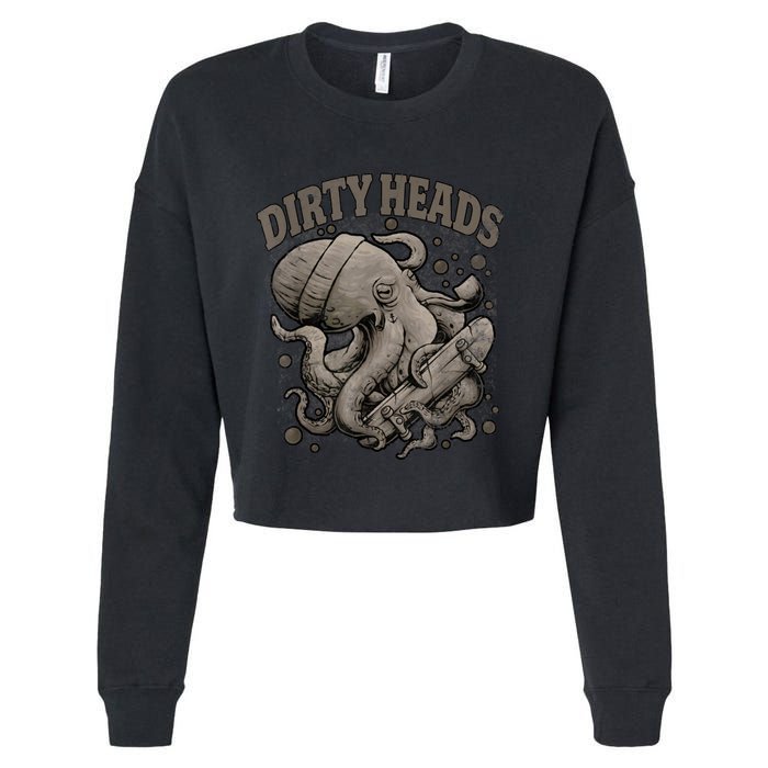 Vintage Dirty Octopus Heads With Skateboard Music Lover Cropped Pullover Crew