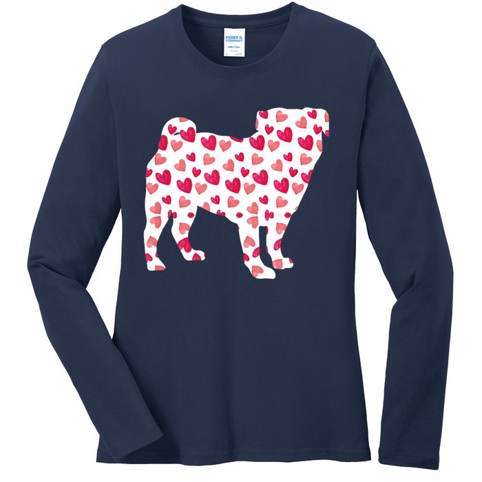 Valentines Day Pug Hearts Puppy Dog Lover Ladies Long Sleeve Shirt