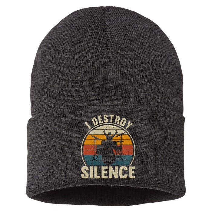 Vintage Drums Player I Destroy Silence Drummer  Sustainable Knit Beanie