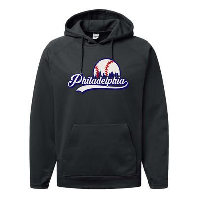 Vintage Distressed Philly Baseball Lovers Philly Cityscape Performance Fleece Hoodie