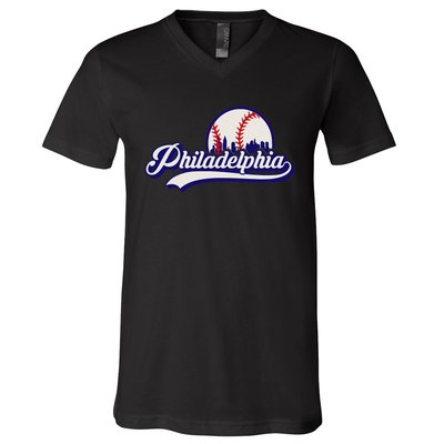 Vintage Distressed Philly Baseball Lovers Philly Cityscape V-Neck T-Shirt