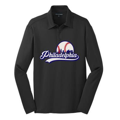 Vintage Distressed Philly Baseball Lovers Philly Cityscape Silk Touch Performance Long Sleeve Polo