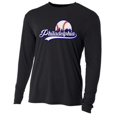 Vintage Distressed Philly Baseball Lovers Philly Cityscape Cooling Performance Long Sleeve Crew