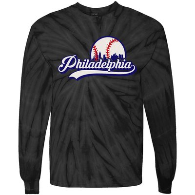 Vintage Distressed Philly Baseball Lovers Philly Cityscape Tie-Dye Long Sleeve Shirt