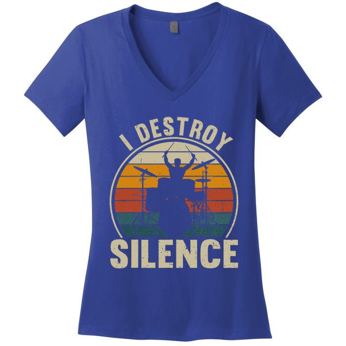 Vintage Drums Player I Destroy Silence Drummer Women's V-Neck T-Shirt