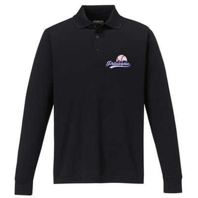 Vintage Distressed Philadelphia Baseball Lovers Performance Long Sleeve Polo