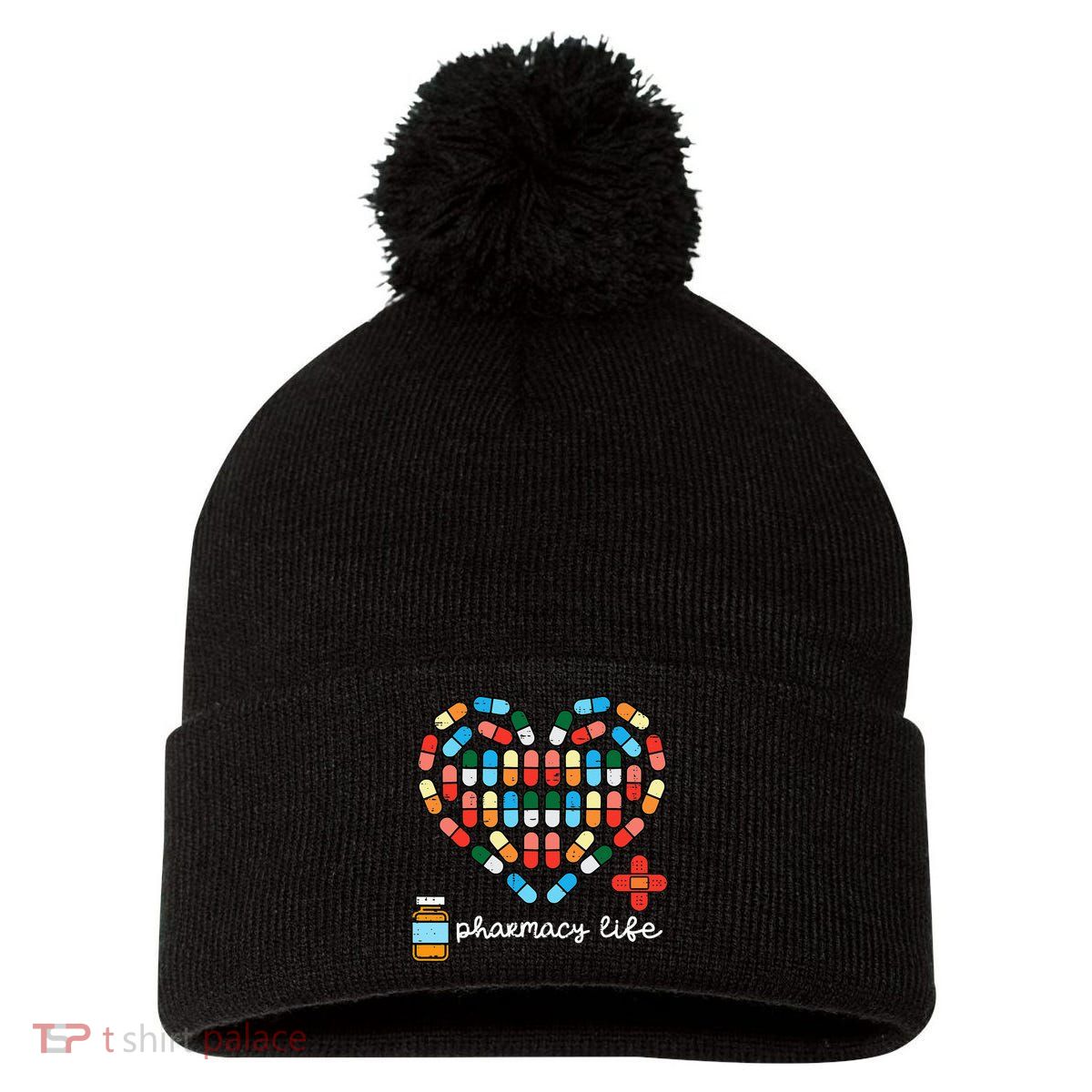 Valentines Day Pharmacy Life Pill Heart Pharmacist Pom Pom 12in Knit Beanie