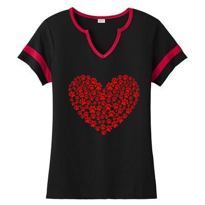 Valentine's Day Paw Heart Prints Dog Cat Lovers Red Love Pet Ladies Halftime Notch Neck Tee