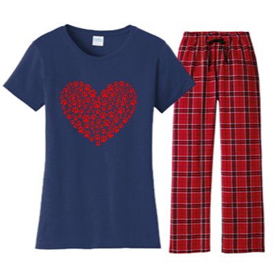 Valentine's Day Paw Heart Prints Dog Cat Lovers Red Love Pet Women's Flannel Pajama Set