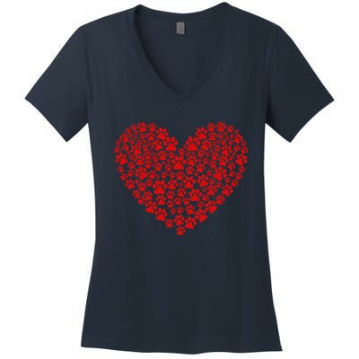 Valentine's Day Paw Heart Prints Dog Cat Lovers Red Love Pet Women's V-Neck T-Shirt