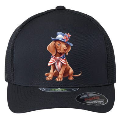 Vizsla Dog Puppy USA Flag American Patriotic Dogs 4th Of July Flexfit Unipanel Trucker Cap