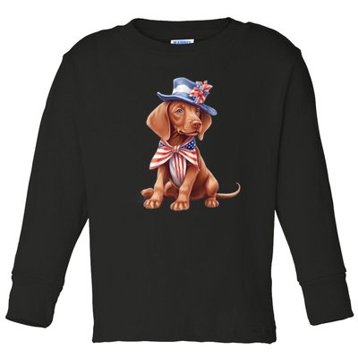 Vizsla Dog Puppy USA Flag American Patriotic Dogs 4th Of July Toddler Long Sleeve Shirt