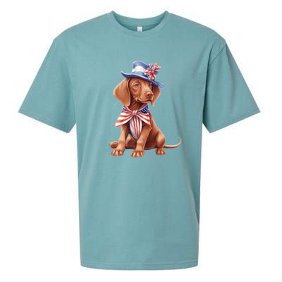 Vizsla Dog Puppy USA Flag American Patriotic Dogs 4th Of July Sueded Cloud Jersey T-Shirt