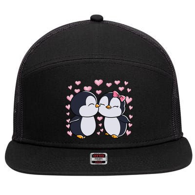 Valentines Day Penguin Couple Penguins Hearts Valentines Day Gift 7 Panel Mesh Trucker Snapback Hat