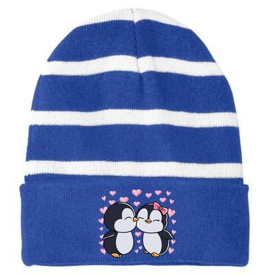 Valentines Day Penguin Couple Penguins Hearts Valentines Day Gift Striped Beanie with Solid Band