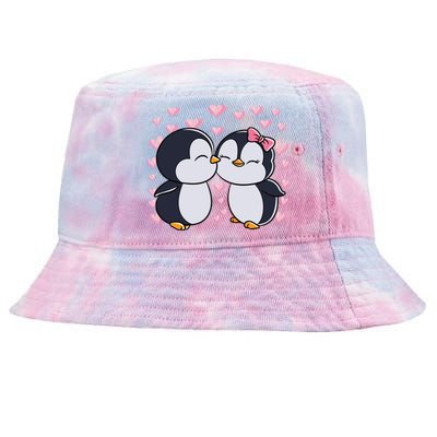 Valentines Day Penguin Couple Penguins Hearts Valentines Day Gift Tie-Dyed Bucket Hat