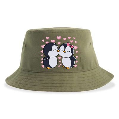 Valentines Day Penguin Couple Penguins Hearts Valentines Day Gift Sustainable Bucket Hat