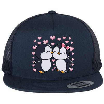 Valentines Day Penguin Couple Penguins Hearts Valentines Day Gift Flat Bill Trucker Hat