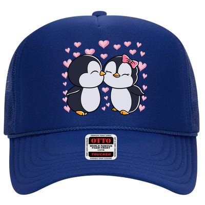 Valentines Day Penguin Couple Penguins Hearts Valentines Day Gift High Crown Mesh Back Trucker Hat