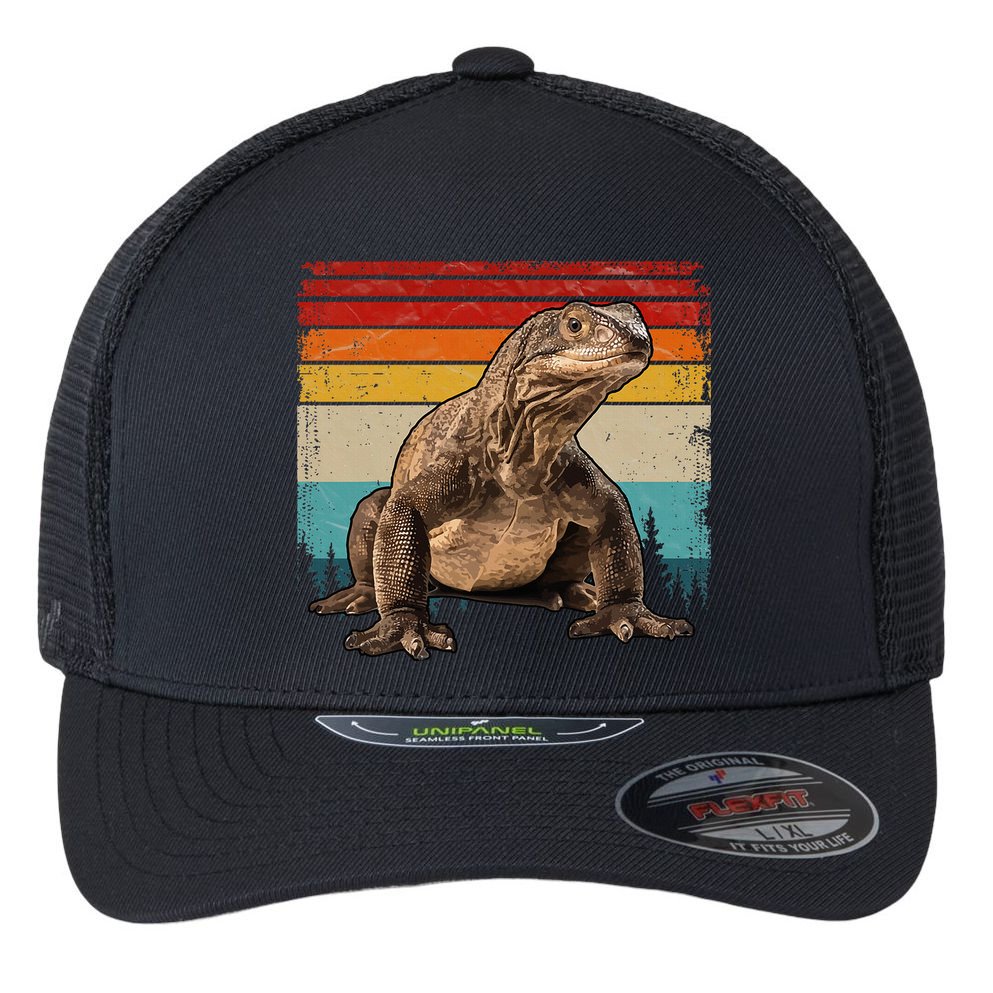 Vintage Distressed Retro Style Cool Komodo Dragon Flexfit Unipanel Trucker Cap
