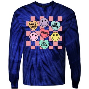 Valentines Day Retro Groovy Conversation Heart Candy Tie-Dye Long Sleeve Shirt