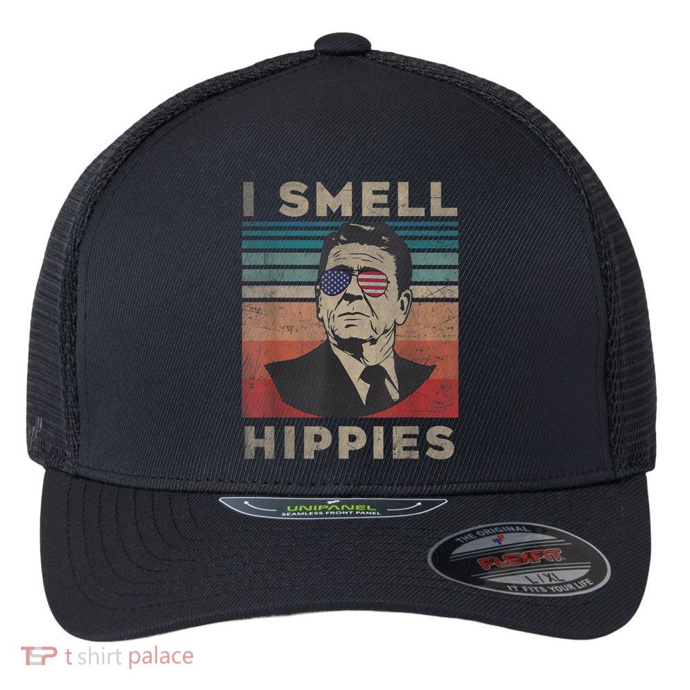 Vintage Distressed, Retro Reagan President I Smell Hippies Flexfit Unipanel Trucker Cap