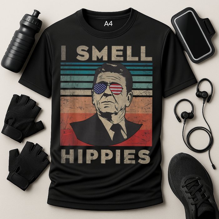 Vintage Distressed, Retro Reagan President I Smell Hippies Performance Shirt