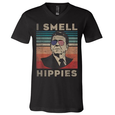 Vintage Distressed, Retro Reagan President I Smell Hippies V-Neck T-Shirt