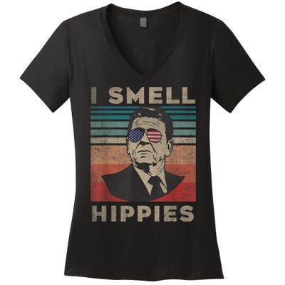 Vintage Distressed, Retro Reagan President I Smell Hippies Women's V-Neck T-Shirt