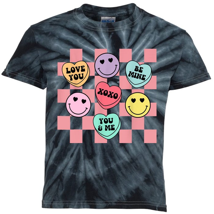 Valentines Day Retro Groovy Conversation Heart Candy Kids Tie-Dye T-Shirt