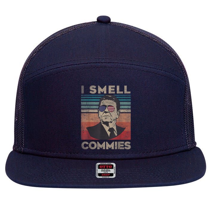 Vintage Distressed, Retro Reagan President I Smell Commies 7 Panel Mesh Trucker Snapback Hat