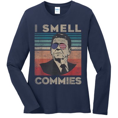 Vintage Distressed, Retro Reagan President I Smell Commies Ladies Long Sleeve Shirt