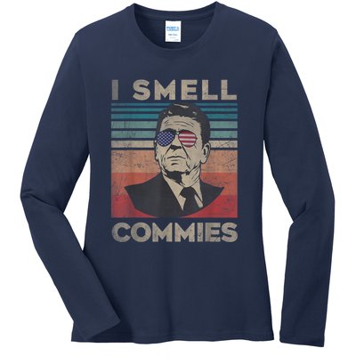 Vintage Distressed, Retro Reagan President I Smell Commies Ladies Long Sleeve Shirt