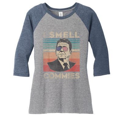 Vintage Distressed, Retro Reagan President I Smell Commies Women's Tri-Blend 3/4-Sleeve Raglan Shirt