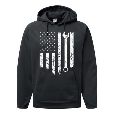 Vintage Distressed Repairman Car Mechanic USA Flag Performance Fleece Hoodie