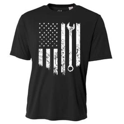 Vintage Distressed Repairman Car Mechanic USA Flag Cooling Performance Crew T-Shirt