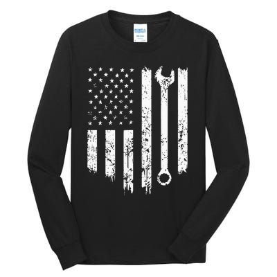 Vintage Distressed Repairman Car Mechanic USA Flag Tall Long Sleeve T-Shirt