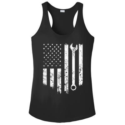 Vintage Distressed Repairman Car Mechanic USA Flag Ladies PosiCharge Competitor Racerback Tank