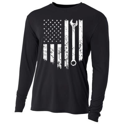 Vintage Distressed Repairman Car Mechanic USA Flag Cooling Performance Long Sleeve Crew